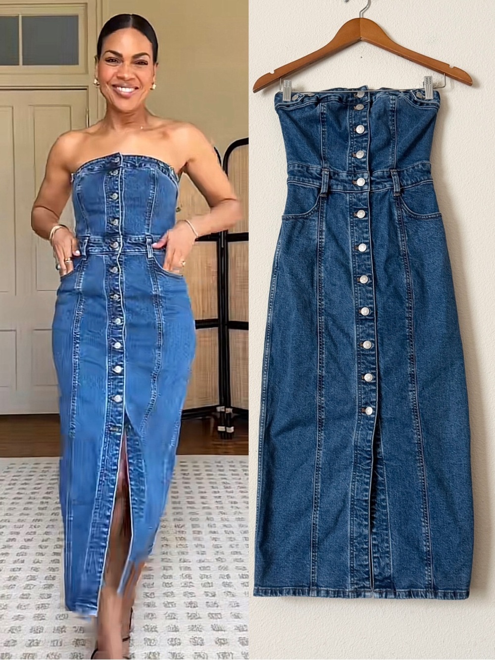 Madewell SIZE 0 denim strapless button midi dress in McCabe dark wash